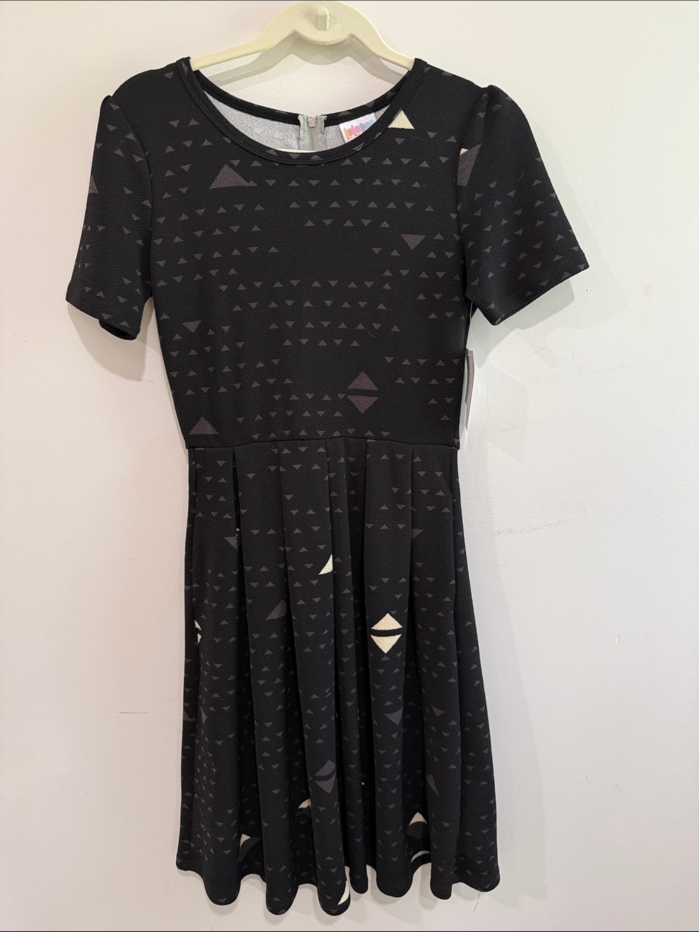 LuLaRoe Black Amelia Fit-and-Flare Dress with Geometric Accents and Pockets